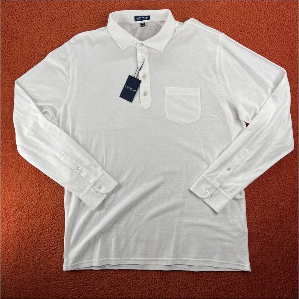 PETER MILLAR Mens XL Croxley Mesh Long-Sleeve Jersey Polo White Linen Blend
